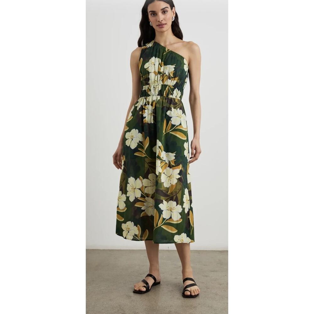 Rails Selani Plumerias One Shoulder Midi Dress Medium Green Resort Wear Beach